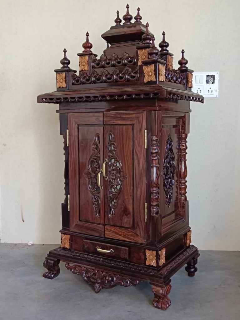 Three-quarter view of the floral inlay cabinet