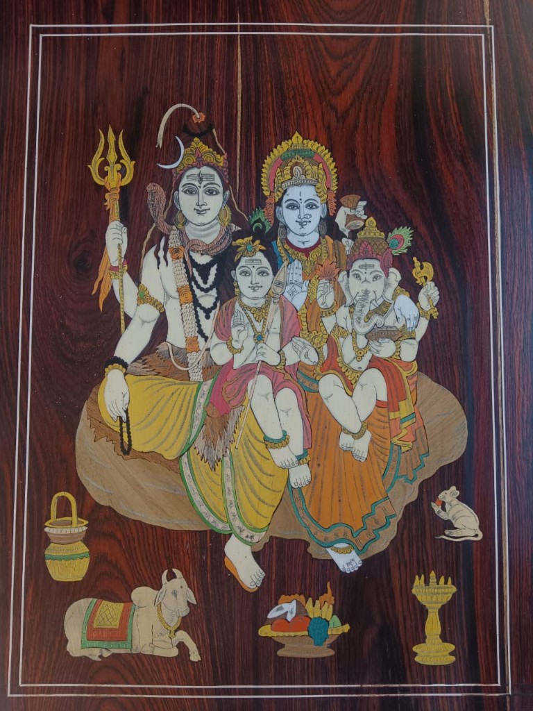 Painted panel of Shiva’s family on rosewood